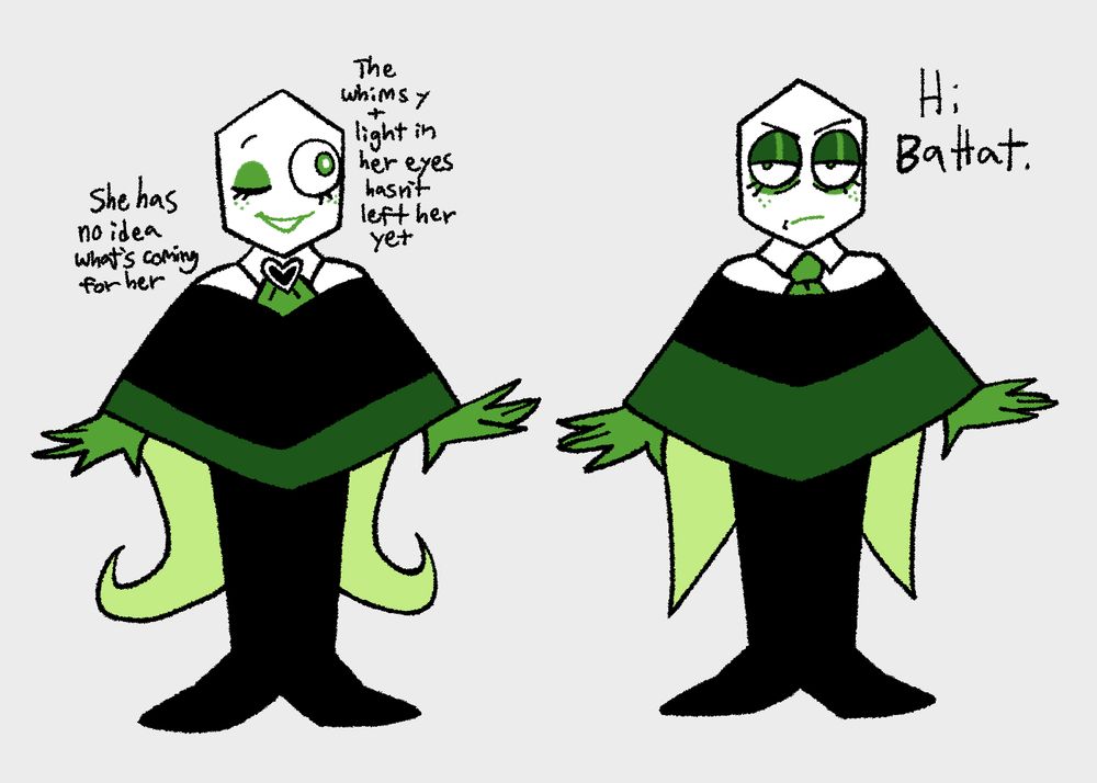 Two drawings of Battat, one depicting how she would've looked in the Card Kingdom, and another depicting how she looked in TV World.
