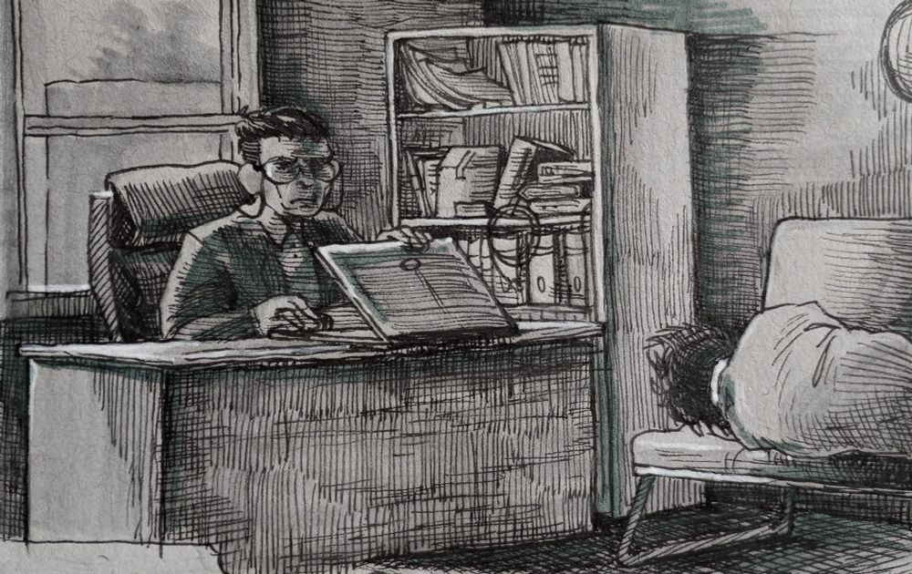 An ink cross-hatch drawing of the corner of an office, inhabited by a full and slightly messy bookshelf. Also a slim cheap couch (futon?) with a sleeping newton on it, turned towards the back cushion. Abutting the bookshelf is an academic desk at which sits hermann, glaring at the viewer over a laptop. What do you need? Advising? Just look at you im sure you do. I will reschedule you. (This is not stated in the drawing, its emotional flavor)