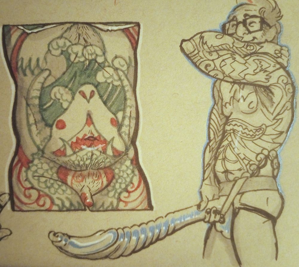 Two drawings of newton geiszler. On the right is his tattooed torso, cropped just at pectoral surgery scars and just below his meta penis. His pubis is framed by the tattooed arms of a kaiju, and the head rises shark-like above his navel; in its horns is a big frothy wave.
On the left newt stands newton with one arm bent behind his neck, his other helping support a massive, swirly, glittery blue strapped-up dildo.