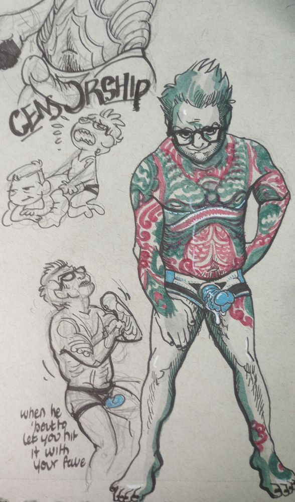 A full body nude newton geiszler drawing. He is wearing a textured sparkly blue strap. His tattoos are in red and green and he is leering intimidatingly at the viewer. Off to the side is a doodle of him wearing the strap and dancing in anticipation with a caption reading "when he 'bout to let you hit it with your fave [strap]". Above is another doodle of the fucking meme with one smug and the other blissful, wherein hermann is smug-bottoming and newt is blissfully topping. Hermann is on a pillow.
At the very top of the page is newts hips wearing a huge strap, penetrating the "o" of the word "censorship." Fuck censorship.