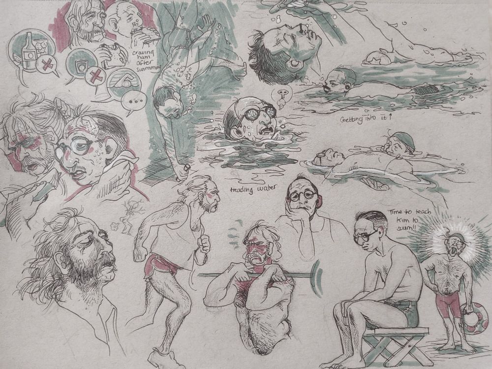 A disorganized patchwork of ink drawings of harry and kim being hot, exercising, and harry teaching kim to swim. Harry balances kim on his back to float, kim treads water, kim dives to catch a sinking pool toy, and kim catches air in his palms and holds it underwater to look at it. They both enjoycrave salty ham after a long swim. Other drawings are harry feeling the breeze, harry running, and harry lifting weights