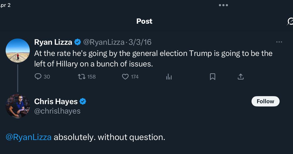 Chris Hayes claimed in a tweet that Trump would be to the left of Hillary. 