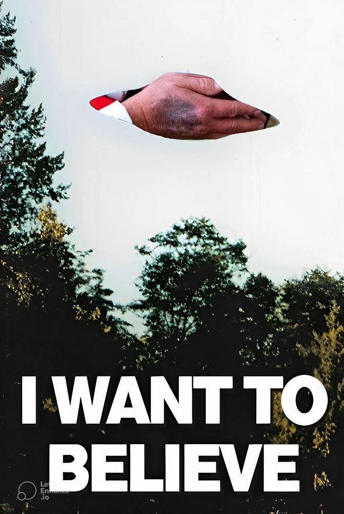 The “I WANT TO BELIEVE” poster from X-Files with Trumps rotting hand instead of the UFO. 