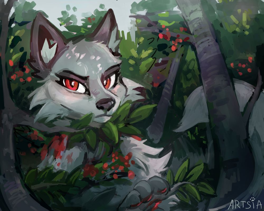 Illustration of a female fox character, sitting in a rowan tree, having her paw on a branch. She has a stern look on her face and a slight blush.  