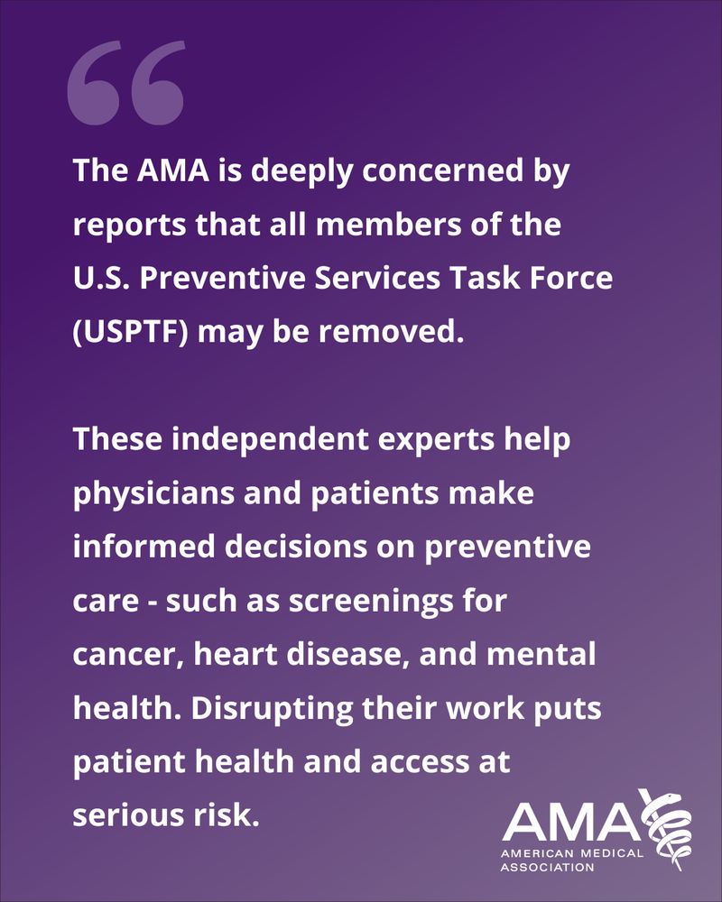 The AMA issues concern about the recent reports of changes to the USPSTF. 