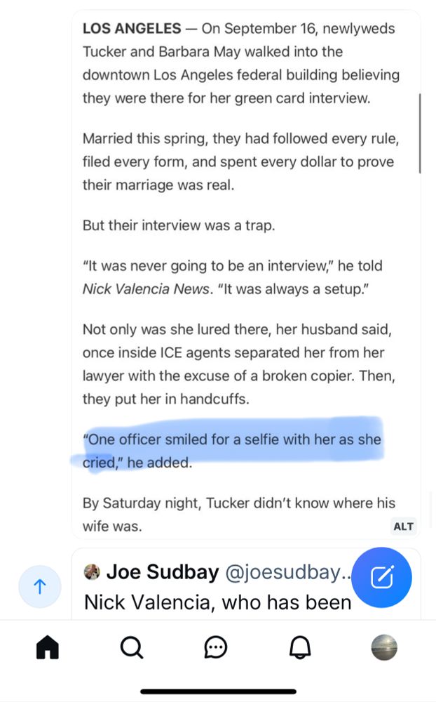 Article about a newlywed being kidnapped by ICE during a green card interview, with a highlighted sentence that says, "one officer smiled for a selfie with her as she cried."