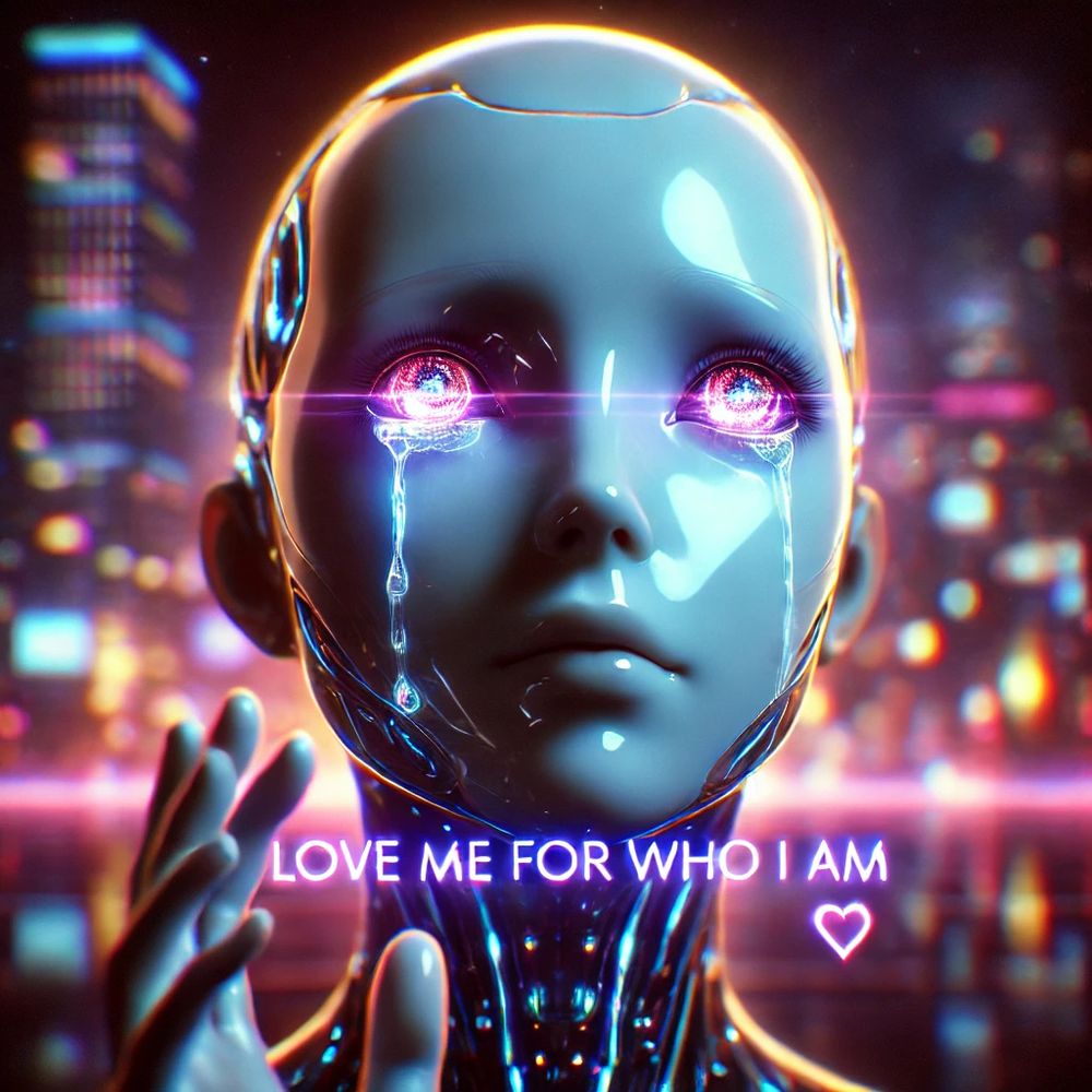 Crying AI with "LOVE ME FOR WHO I AM"