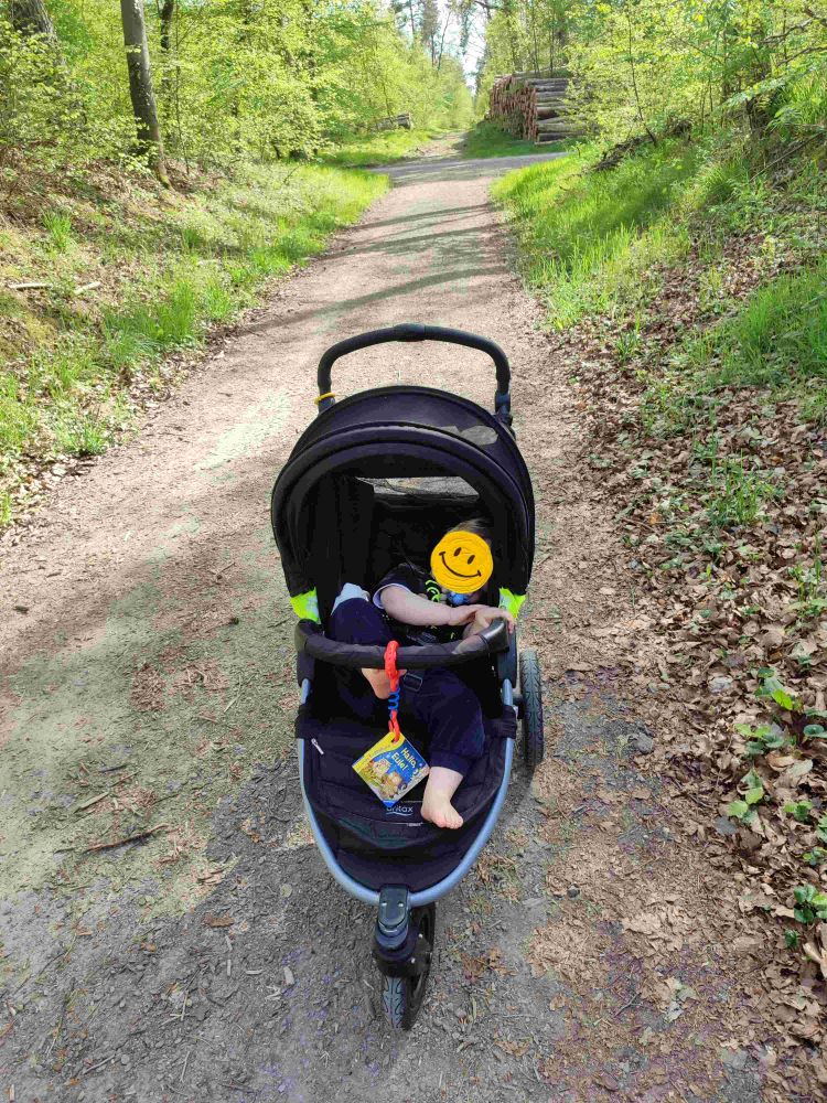 Foto meines anderthalbjährigen Sohnes im Buggy im Wald. Sein Gesicht ist durch einen Sticker unkenntlich gemacht.