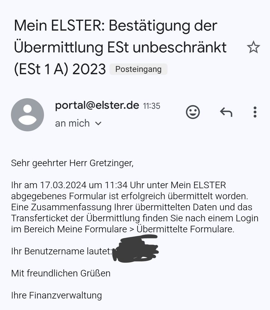 Mail von Elster: Bestätigung der Übermittlung der Steuererklärung