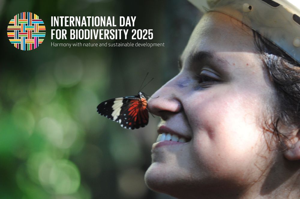 Close-up of SciLifeLab researcher Gabriela Montejo-Kovacevich with a butterfly on her nose. The logo of the International Day for Biological Diversity is also visible