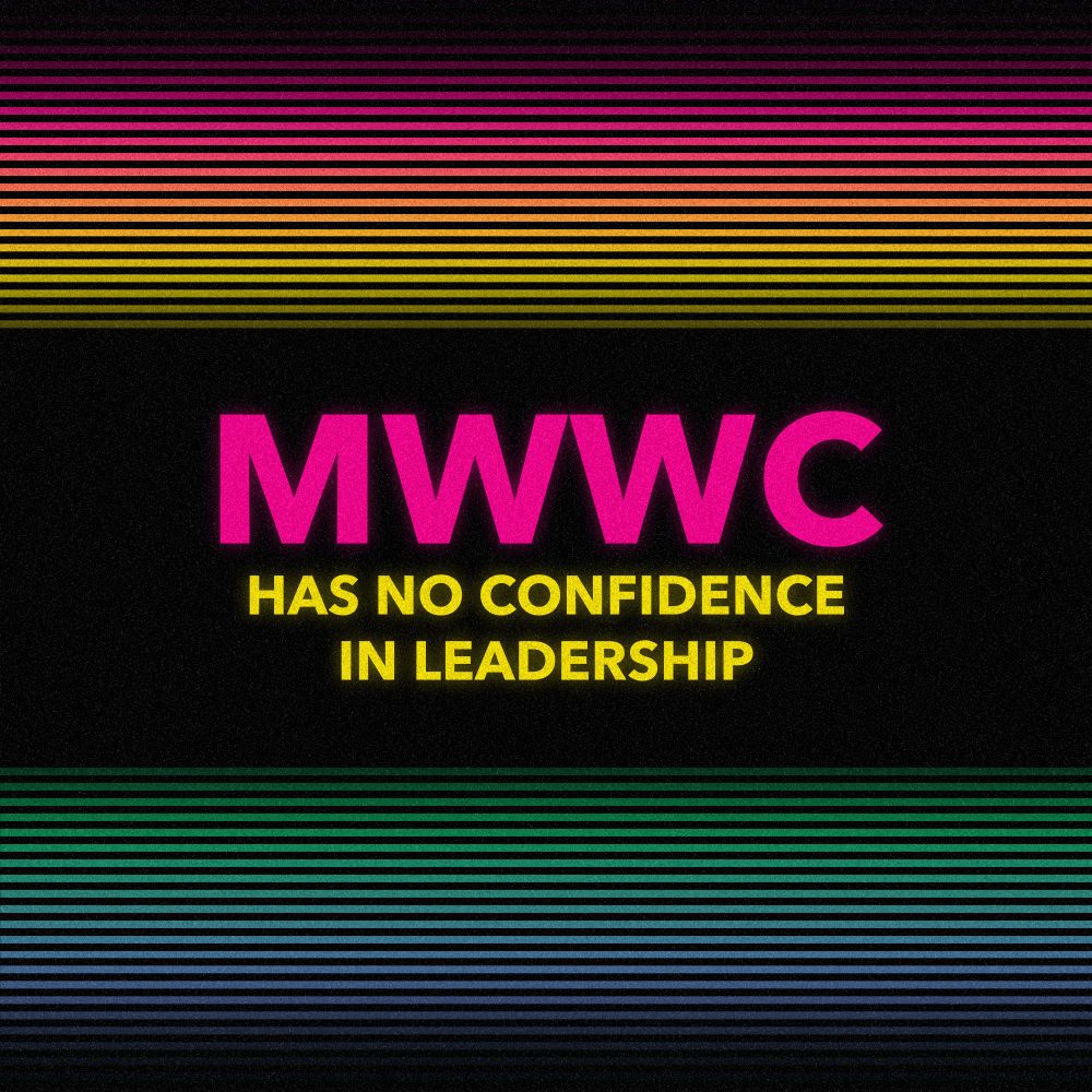Image of the words "MWWC has no confidence in leadership" on a black background with rainbow gradients above and below it.