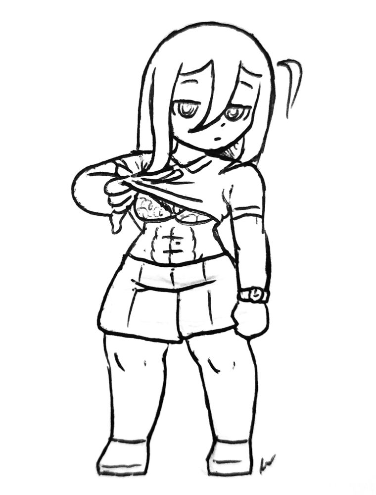 Mignya (Mininya) is just lifting up her shirt, showing her abs.
As you can see, she's also wearing a bra, like the adulte she is.

Yea just in case, she's 22, the Mininya  form is just a short statured person!