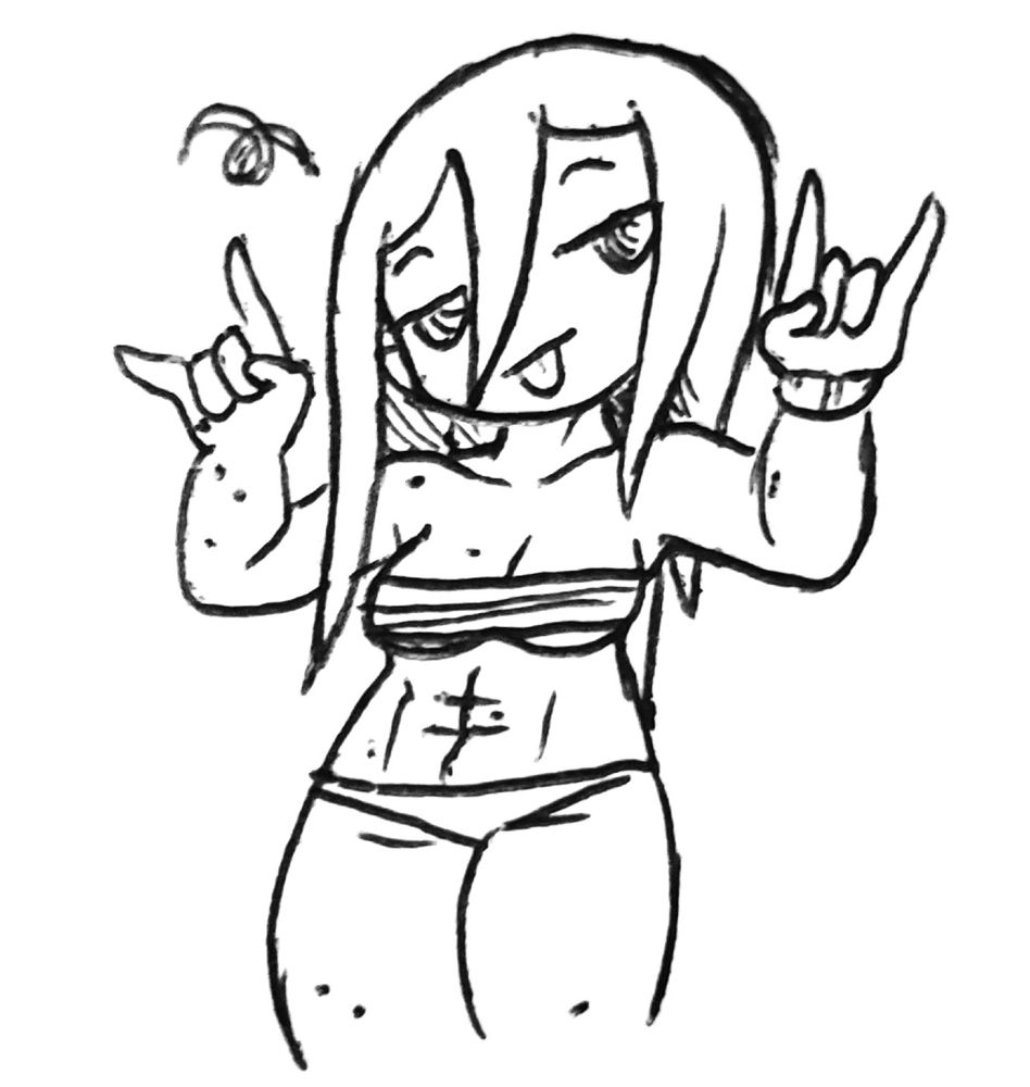 I think she's cute here with that pose, well we can see a lot of her front moles, even on her abs👀
Chocolate abs here x)