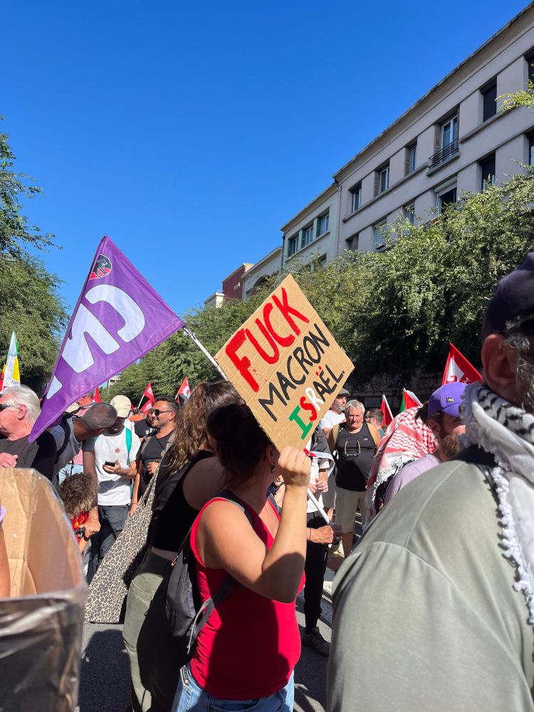 Manifestation Perpignan France énorme et noisy!

At the front a woman holds a sign « fuck macron Israel »