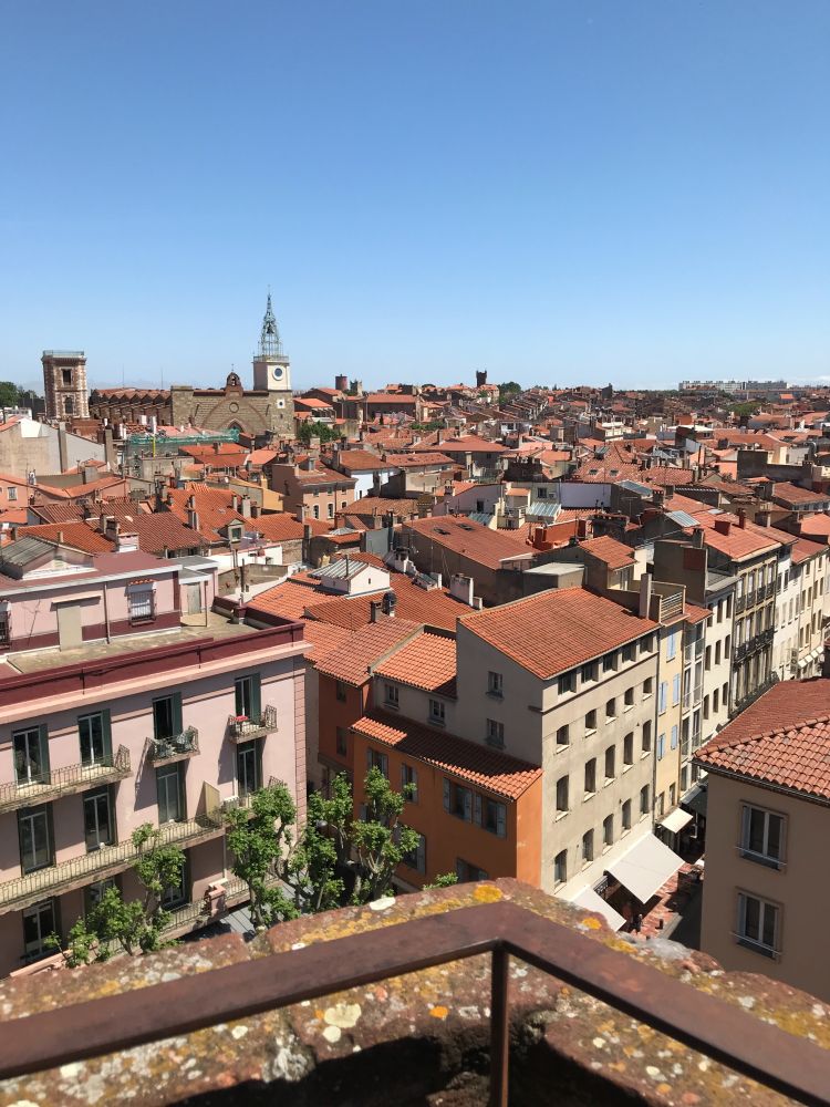 A roof view of Perpignan from the turret of the Castillet. Thousands of warm red terracotta roofs with the spire of St Jean Cathedral in the distance. The street structure has barely changed since the 1300s.