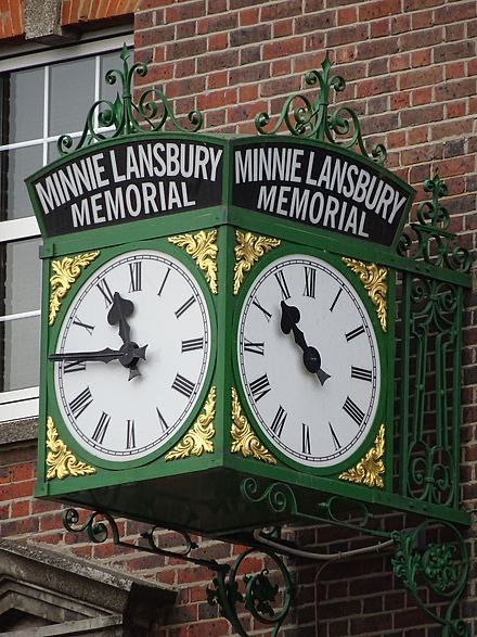 Minnie Lansbury clock opposite Bow station in east London. This memorial was raised by public subscription to remember Minnie, who was basically murdered by the British government for refusing to vote to increase the poll tax on the extremely poor people of Poplar. She and other Poplar councillors were imprisoned. She succumbed to sickness after a hunger strike and being force fed, and died.

Minnie is buried in the East Ham Jewish Cemetery.

Minnie's widower went on to marry Angela Lansbury's mum, which might explain why Angela always portrayed such feisty women in her films.