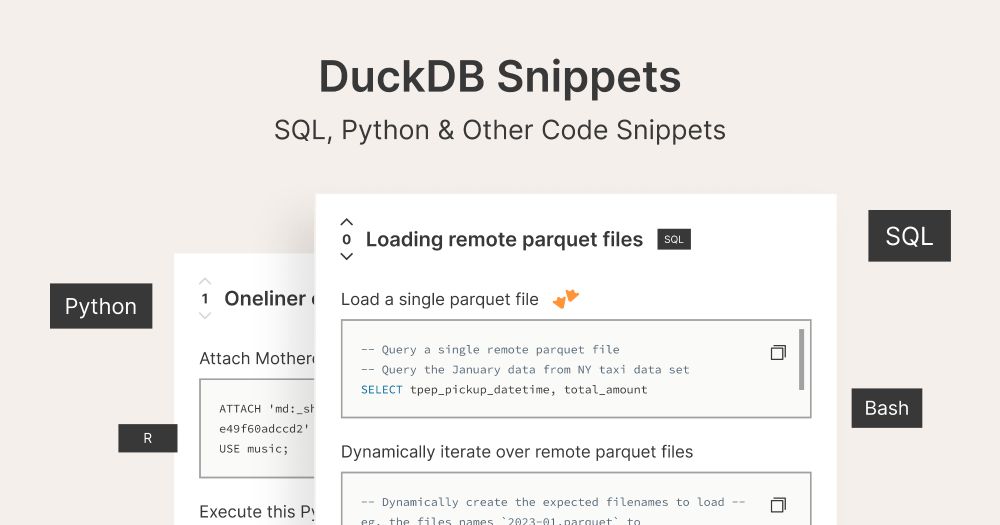 SQL, Python & More for DuckDB | DuckDB Snippets