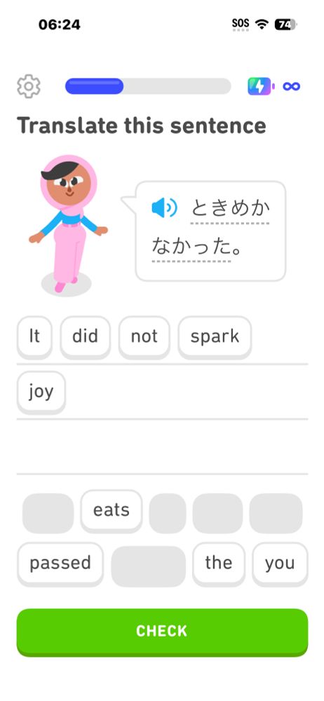 Screen shot of a Duolingo lesson to translate “tokimekanakatta” from Japanese to English. The translation is “It did not spark joy.”