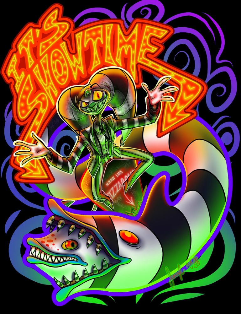 Helluvaboss character Fizzarolli wearing the pinstripe costume from Beetlejuice. The pinstriped imp sits atop his grave patterned after the grave from the Beetlejuice movie. He is surrounded by the serpentine monster the sandworm both beneath a marquee style sign reading "It's Showtime". Both are bathed in reds and greens with a purple and black background.