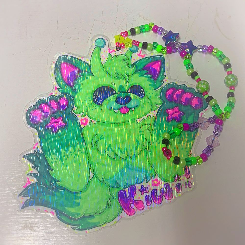 a half body badge of a neon green cat alien 