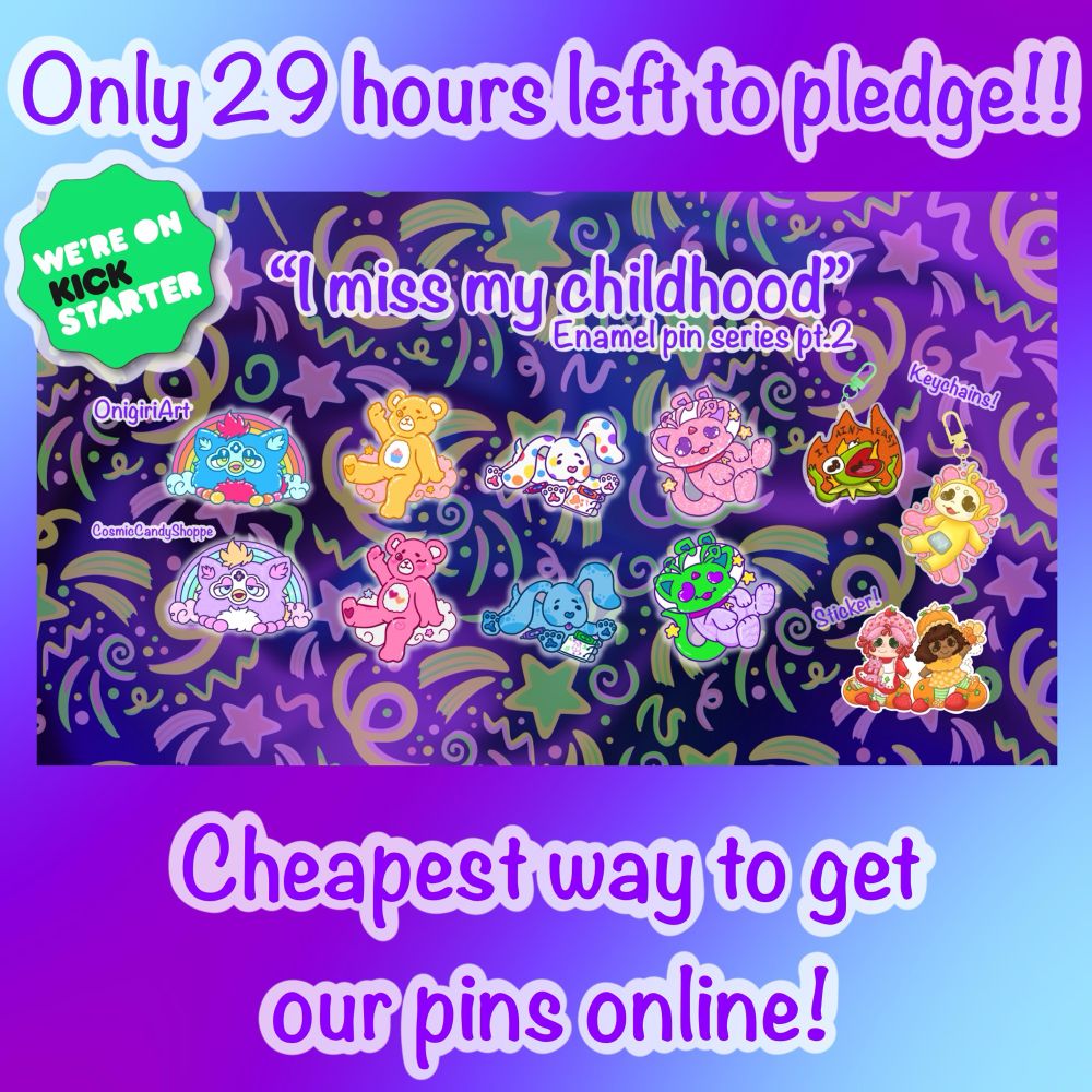 Graphic image for a kickstarter of enamel pins including furbies, carebears, blues clues, and aisha’s. Also a kermit and telletubbie keychain, and a strawberry shortcake sticker. 