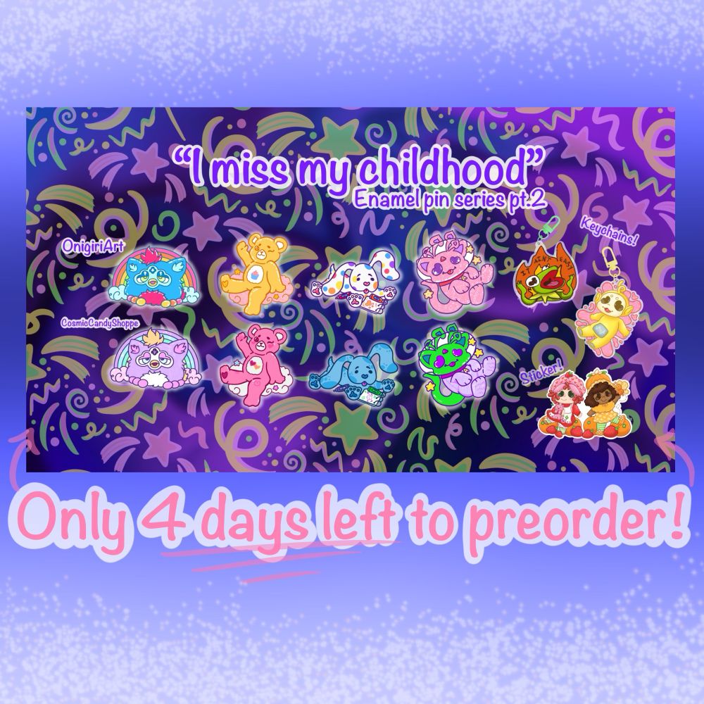 Graphic image showing enamel pins designs including furbies, care bears, blues clues, and alien aisha’s. Keychains including kermit and a telletubby. And a sticker of strawberry shortcake and orange blossom. 