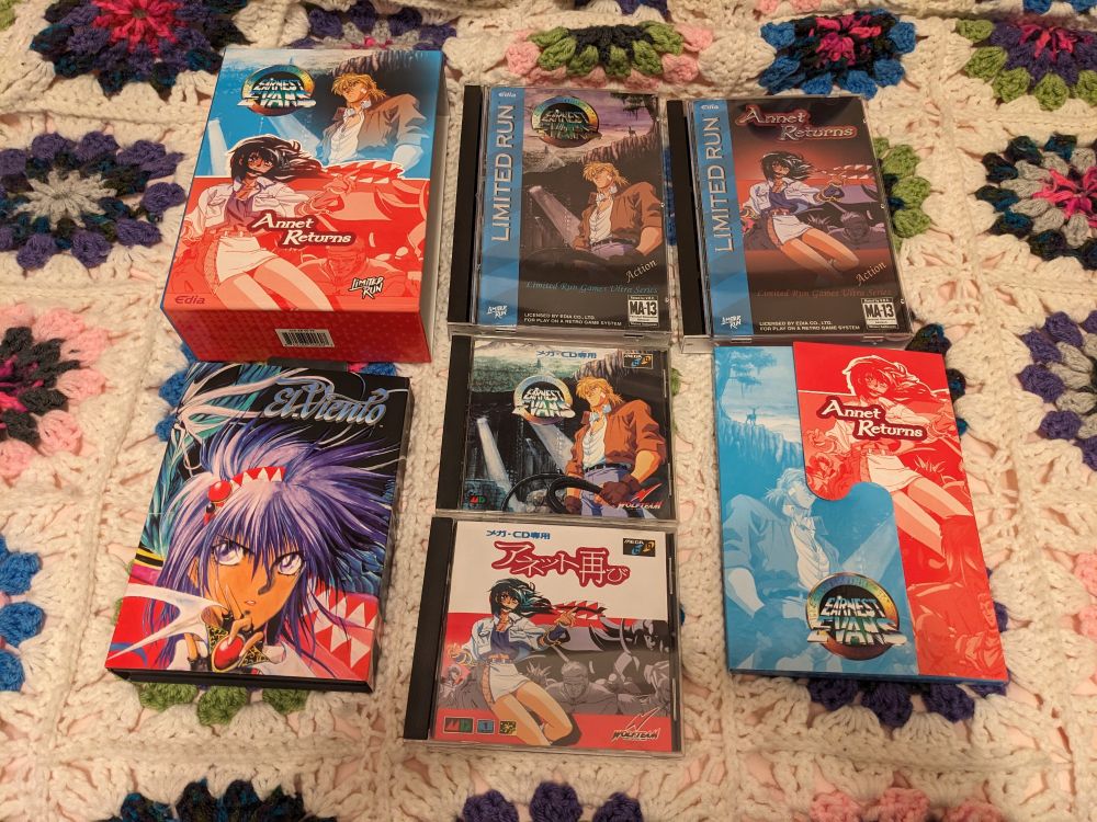 My entire El Viento trilogy collection! 

Top-left: Earnest Evans & Annet Returns Premium Pack - the same protective case seen in the last photo
Top: Earnest Evans for the Sega CD
Top-right: Annet Returns for the Sega CD
Bottom-left: El Viento for the Genesis
Middle: Earnest Evans for the Mega CD (original Japanese release)
Bottom: Annet Futatabi for the Mega CD (original Japanese release)
Bottom-right: the goodies filler case for the Premium Pack, which has a special coin and soundtrack CDs inside