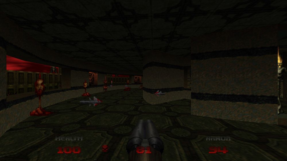 screenshot from one of the Lost Levels in Doom 64 - this showcases a trap in which arrows are shooting out from the wall, aiming toward the center of a circular room. Individual arrows can be seen flying in mid-air.