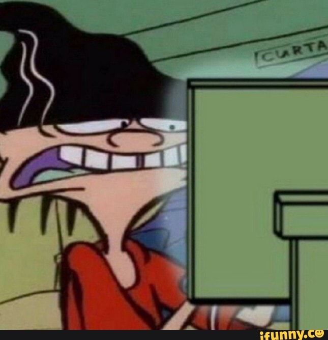 A screenshot from Ed, Edd, and Eddy; Edd (Double-D), a skinny white boy with a red shirt and black beanie, is looking at a computer monitor with an intensely disgusted face.