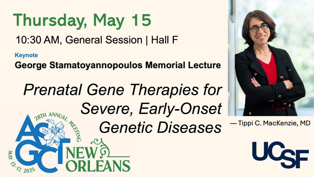Slide for AGC 28th Annual Meeting keynote lecture by Tippi C. MacKenzie, MD, titled "Prenatal Gene Therapies for Severe, Early-Onset Genetic Diseases," scheduled for May 15.