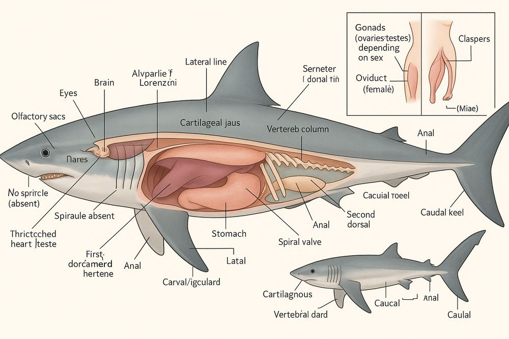 ChatGPT-5 prompt: Create an accurate anatomical diagram of a great white shark with clear labels of all major organs.