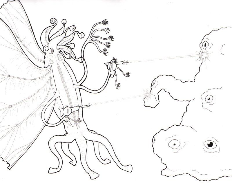 A radially symmetrical (starfish-like) alien standing upright clutches two ray guns in fractally-branching tentacles fires at a lumpy blob dotted with varying eyes.