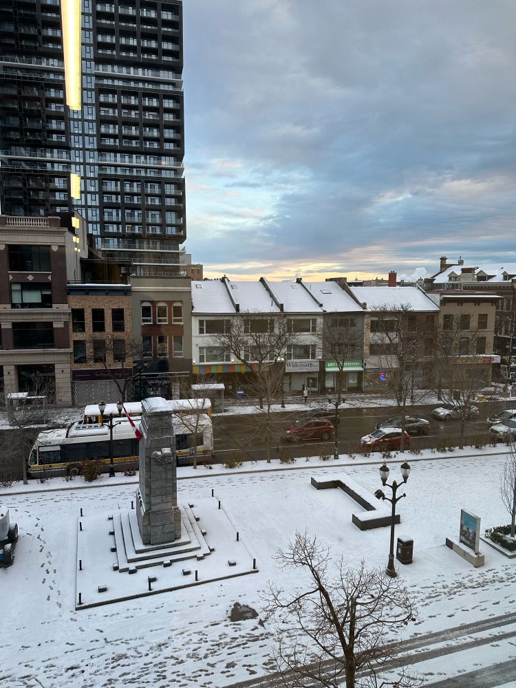 Looking down from the fourth floor onto Gore Park and the Cenotaph.  