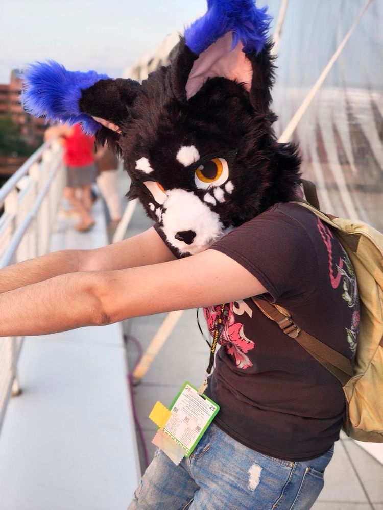 Me, wearing a fursuit partial, leaning back on guardrails and looking at the camera as the sun sets