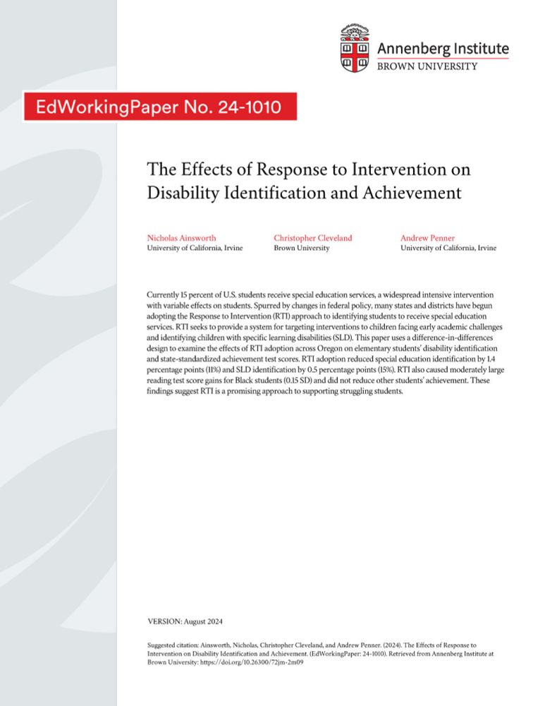 The Effects of Response to Intervention on Disability  Identification and Achievement