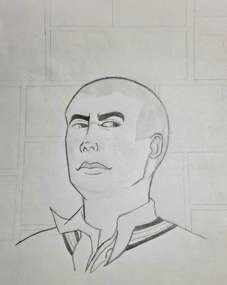 A drawing of Jimmy from Bully with a square patterned background