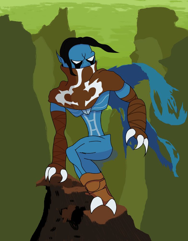 A stylized digital illustration of Raziel, the blue-skinned wraith from Legacy of Kain: Soul Reaver. He is depicted crouching on a jagged cliff, wearing his iconic tattered brown scarf with white markings, brown wrappings around his forearms and legs, and large white claws. His spectral wings are torn and flow behind him, and his glowing white eyes peer from beneath long black hair. The background shows a green, misty canyon landscape with towering rock formations, evoking the eerie, gothic atmosphere of the Soul Reaver universe.

