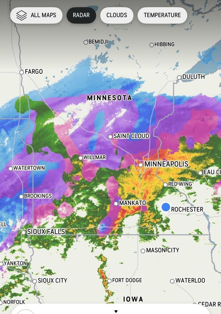 Weather radar map of Minnesota for overnight hours on March 30th 2025. Every color on the map key for rain, ice and snow is represented on the bottom half of the state.