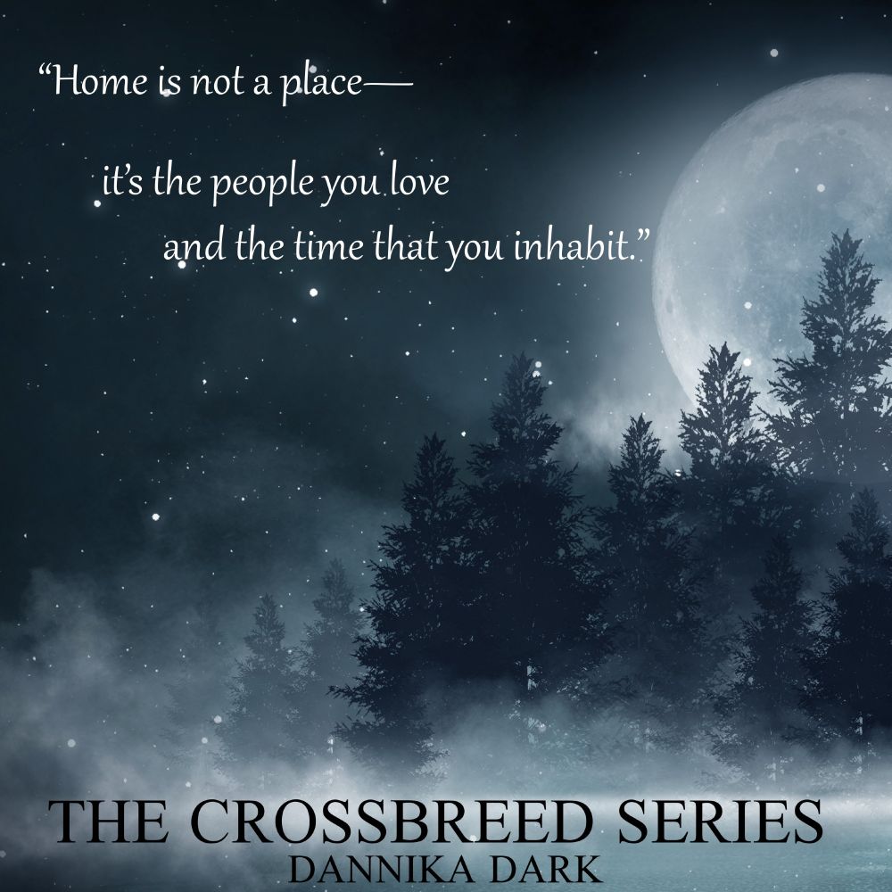 Fog over a lake, a large moon and starry night. Quote: Home is not a place, it's the people you love and the time that you inhabit.