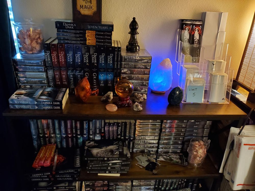 low bookshelf stacked with books, crystals, a glowing salt lamp, and other gothic decorations