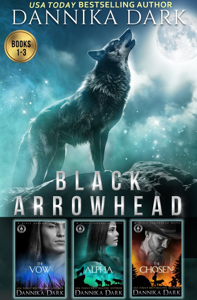 Mystical wolf standing on a rock, howling at a bright moon. Title: Black Arrowhead, book 1-3. Individual covers displayed below it of The Vow, The Alpha, and The Chosen, each with a black and white model against a vibrant colorful background