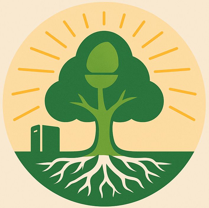 A green tree with deep roots and a suggestion of an acorn-shaped image at the centre