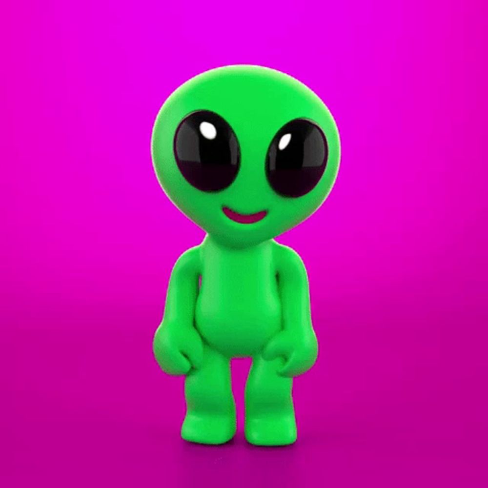 a 3d rendering of a green alien with big black eyes on a pink background .