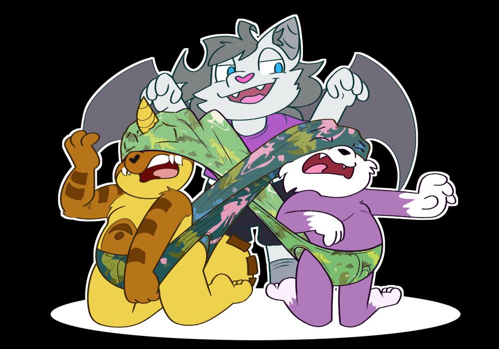 Alberto the yellow and brown gabumon on his knees next to Jude the purple cat, their underoo's in a cross wedgie where Alberto's dino underpants are over Judes eyes, and Judes cooler dino underwear hooked over Albero's eyes and horn. Silver stands in the background having just finished the wedgie.