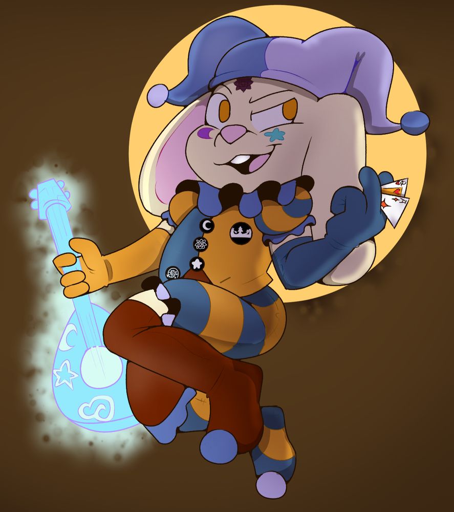 Lute, a cream colored rabbit, wears stripped orange and blue colorings throughout his outfit. To the left, he holds a glowing magical lute, and to the right, he holds playing cards with the Ace of diamonds, and queen of hearts. On his cheeks, he has the symbols of the twin gods, having a moon for Culania and a star for Cura. On his forehead, he has the symbol of Lord Shadowmyst, his partner in the waking world.
The buttons on his suit show the 3 symbols again as being the only buttons tied together. An unbuttoned bottom button displays the symbol of Rasputin, the god of Magic. On his chest, he has a button symbol of Greenfield, which depicts a crown made up of playground equipment.