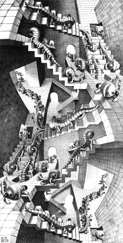 Escher’s depiction of how worm like creatures move around in a geometrically impossible set of stairs and rooms