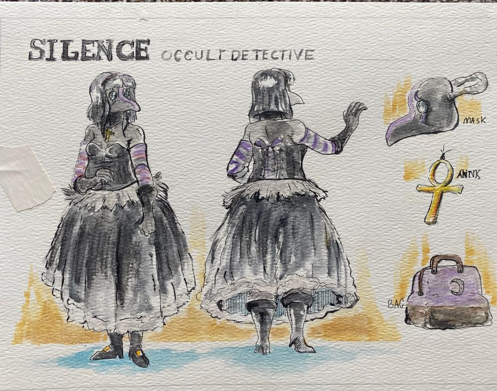 Awater color illustration of Mollys plague doctor character Silence. She wears a black and purple dress with a black bob hair cut. Detailed are her, mask, ankh, and doctors bag. 