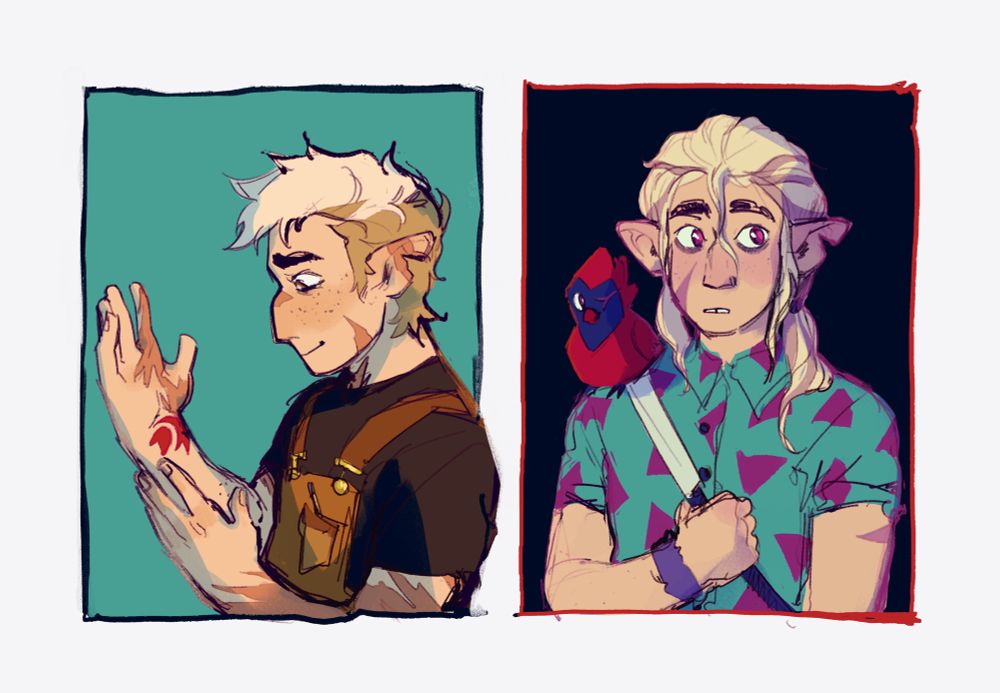 Two drawings of Hunter from The Owl House, with small solid color squares behind each. 

On the left, Hunter looks close to his latest design. He has many scars, brown eyes, a short haircut; he's wearing a black t-shirt and a brown apron. He's looking down at his right wrist, on which there is a red bird-shaped tattoo, and he's smiling fondly. He's colored with warm colors and the background behind him is turquoise.

On the right, Hunter fits his human realm timeskip montage design. He has a scar on his cheek, pink eyes, and very long hair (reaching almost his chest) in a ponytail; he's wearing a turquoise button-up shirt with pink triangles on it, a bag, and a purple fuzzy bracelet on his right wrist. He's looking off-camera with a surprised espression. Flapjack is sitting on his right shoulder. Colors are pink-ish and the background behind him is nearly black.