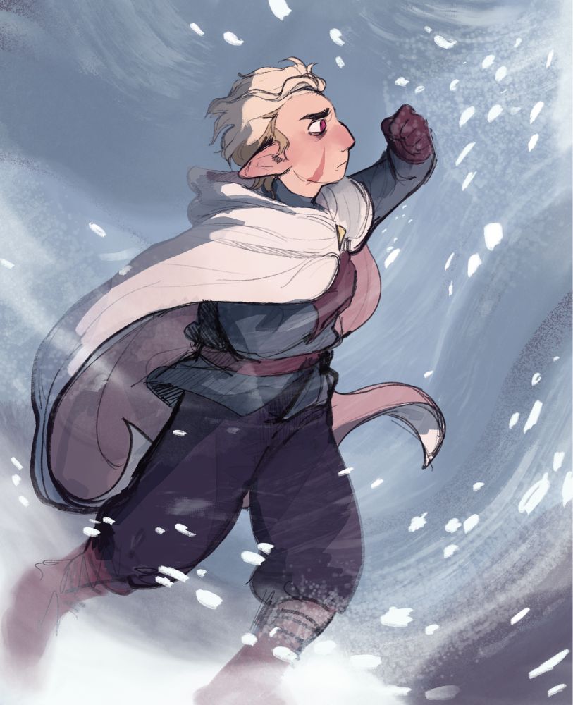 Drawing of Hunter from The Owl House.

He's a bit younger than how we see him in the show. His hair is moderately short, he has a scar on his right cheek, and he's wearing a scout uniform. The background is majorly blue and white. It's snowing a lot and wind is blowing. He's frowning and squinting against the snow/wind, with his left arm raised to shield his face from it. His right arm is clutched around his chest, holding onto his cape.