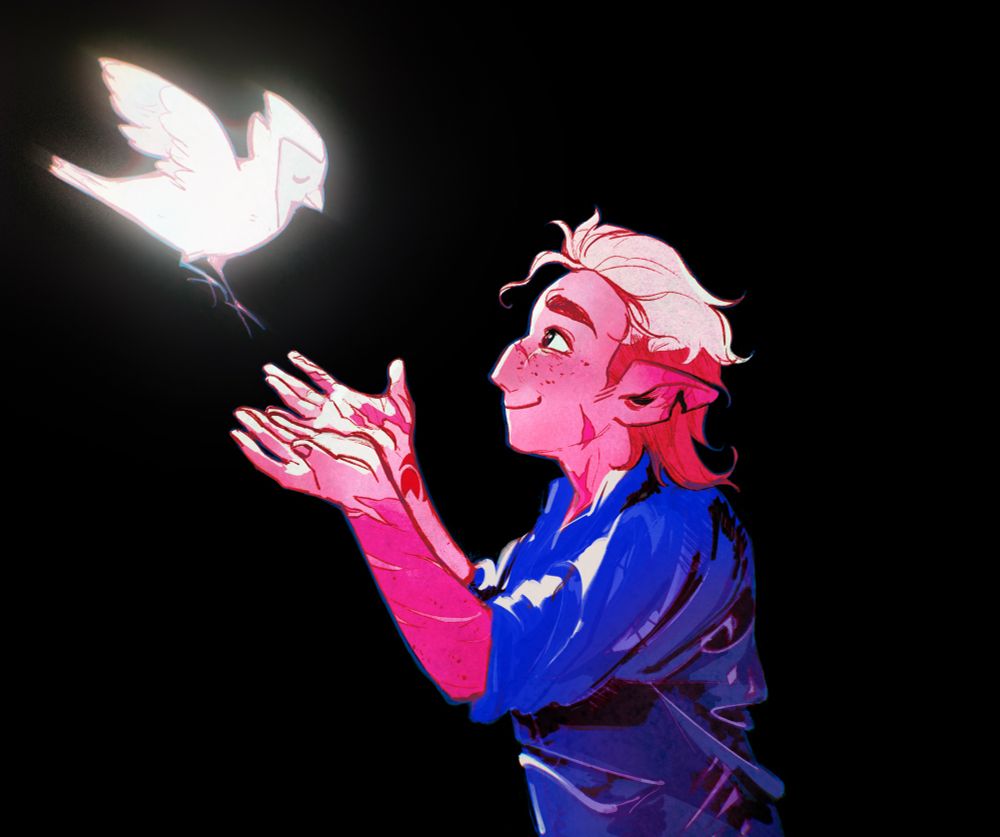 Art of Hunter from The Owl House. He's wearing a dark blue shirt, smiling and reaching out towards Flapjack-shaped light.